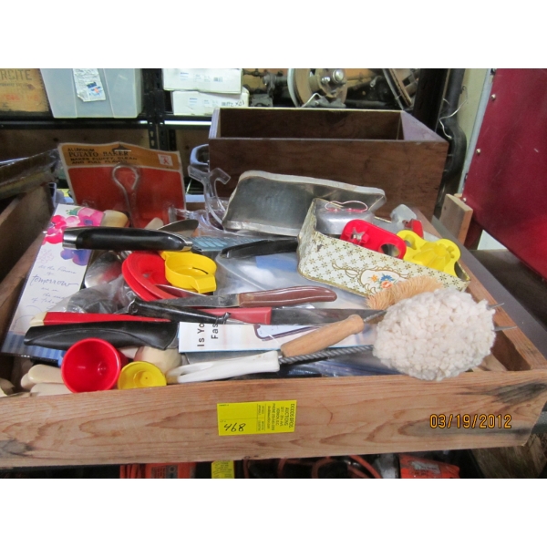 WOODEN TRAY OF MISC. UTENSILS, COOKIE CUTTERS, ETC.