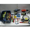 Image 4 : BIN OF MISC. CORDLESS DRILL, TOOLKIT, CLOCK, ETC.
