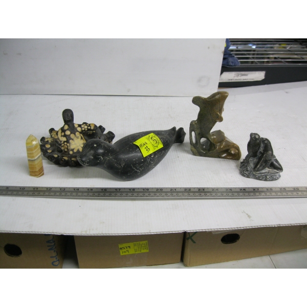 5 ASST. ITEMS - CANDLEHOLDER, SEAL SOAPSTONE CARVING, ETC.