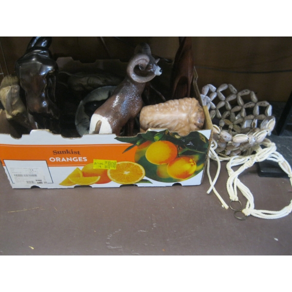 ASST. CERAMIC & WOOD FIGURINES & SHELL PLANT HOLDER