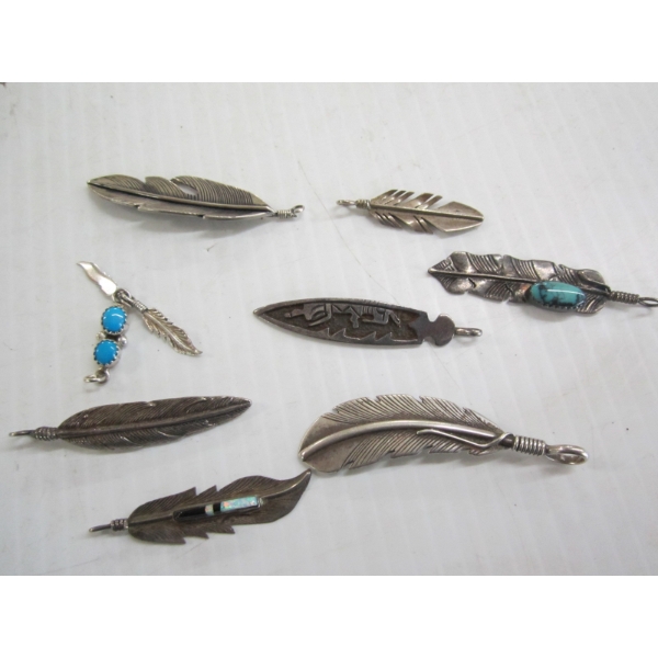 8 STERLING SILVER NAVAJO FEATHER PENDANTS - 3 MARKED