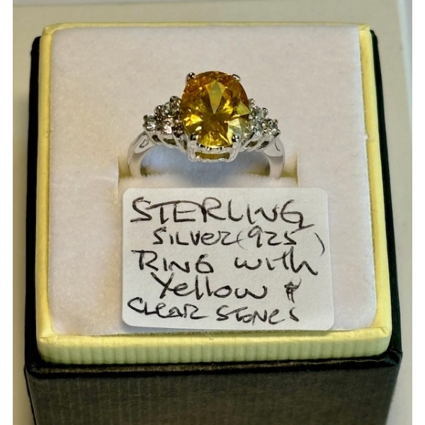 SZ 5 STERLING SILVER .925 RING W/YELLOW & CLEAR STONES