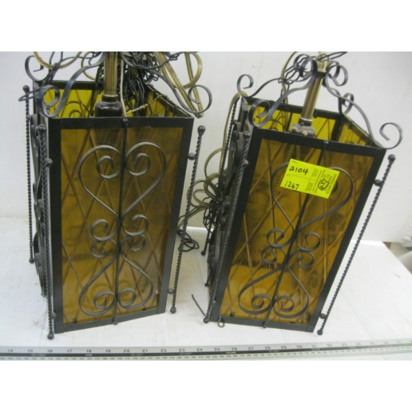 2 VINTAGE AMBER GLASS & METAL HANGING LIGHTS