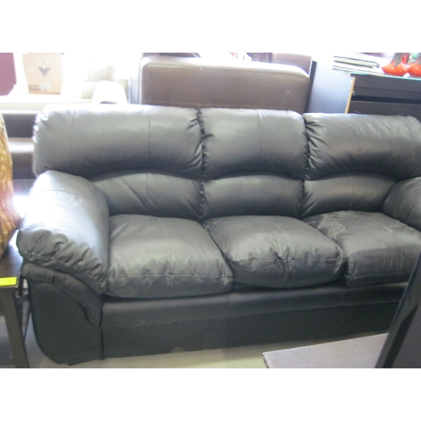 BLACK LEATHER LOOK COUCH & LOVE SEAT - COUCH HAS SOME DAMAGE