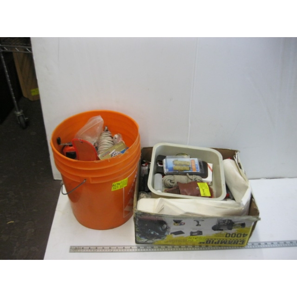 BOX & BUCKET OF MISC. FISHING GEAR, HUNTING GEAR, ETC.