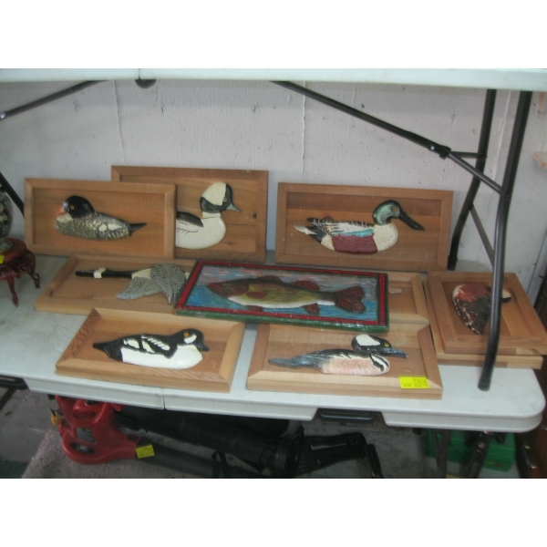 FRAMED WOODEN DUCKS, GEESE & FISH