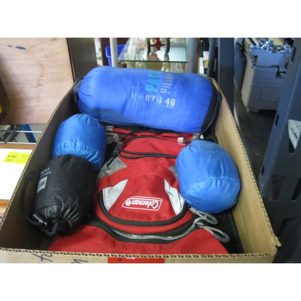 BAG W/MISC. HAT, PURSE & BOX W/PACK PILLOW, BACKPACK, WATER BAG, ETC.