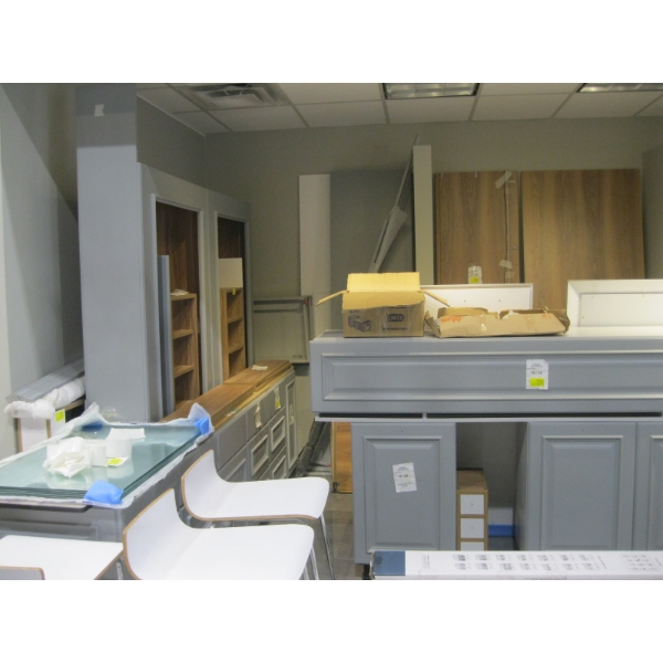 LG. LOT OF GREY & WOOD FINISH KITCHEN CABINETS