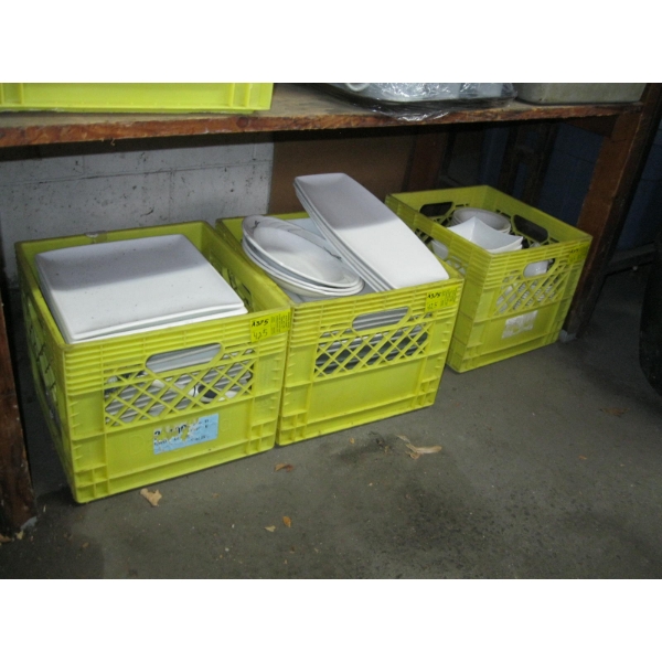 3 PLASTIC BASKETS OF ASST. WHITE PLATES & DISHWARE
