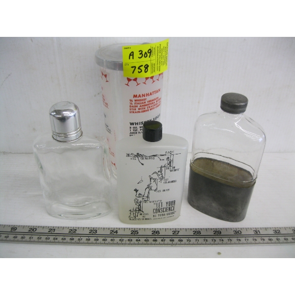 3 GLASS FLASKS & A SHAKER