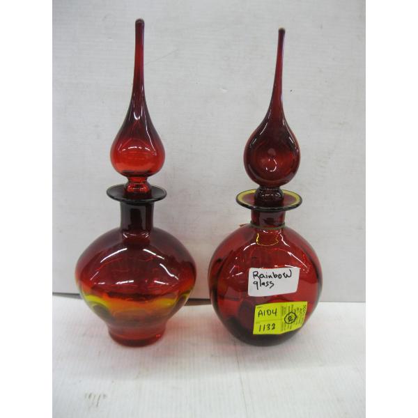 2 RAINBOW GLASS RED VASES W/LIDS