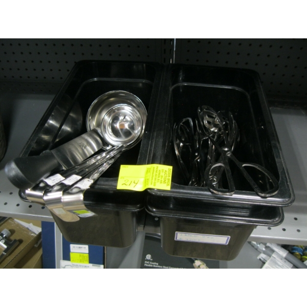 4 BLACK CONTAINERS W/MISC. CONTENTS: LADLES, TONGS, ETC.