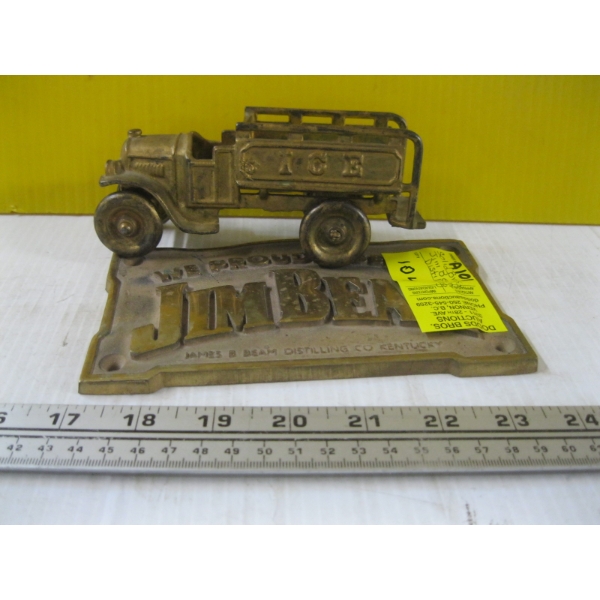 CAST IRON TRUCK & JIM BEAM DISTILLING BRASS PLAQUE