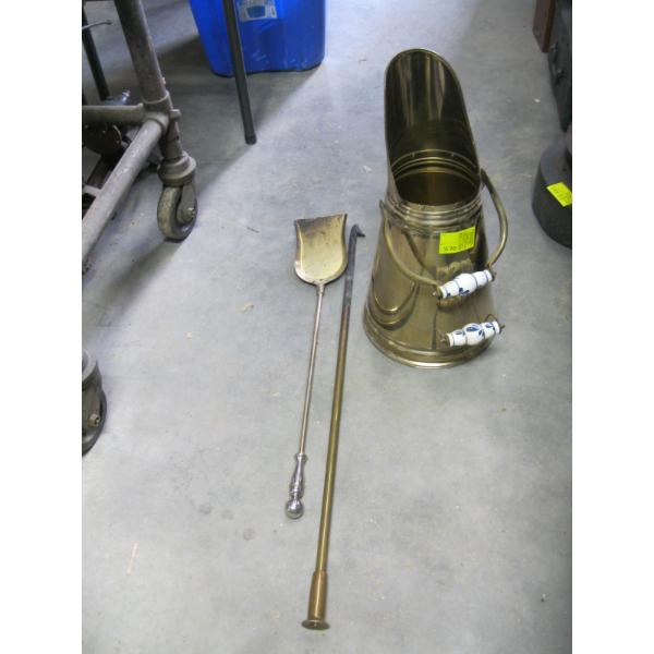 COAL SKUTTLE W/SHOVEL & BRASS POKER BAR