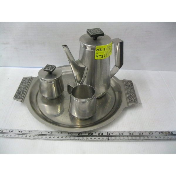 STAINLESS LOOK TEAPOT, PLATTER, SUGAR & CREAM SET