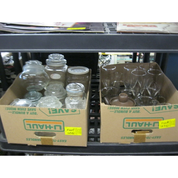 2 BOXES OF GLASSWARE & CANNISTERS 