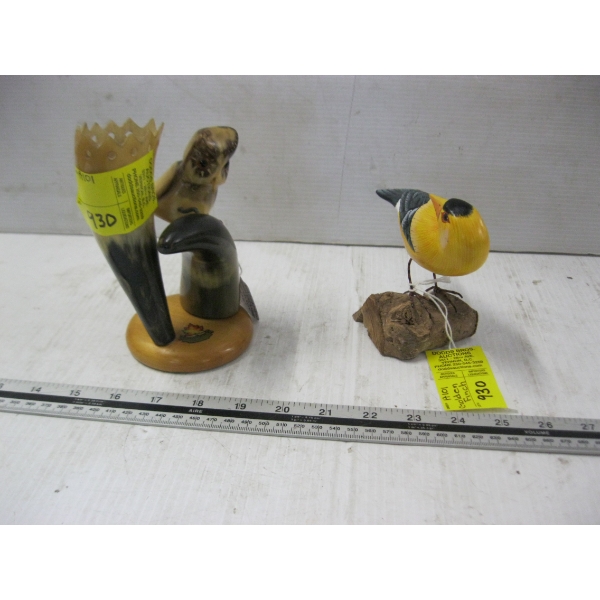 GOLDEN FINCH FIGURINE & VINTAGE COW HORN OWL VASE & PERCH FOR OWL