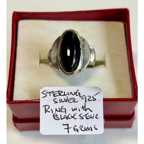 STERLING SILVER .925 RING W/BLACK STONE, 7G, SZ 6.5