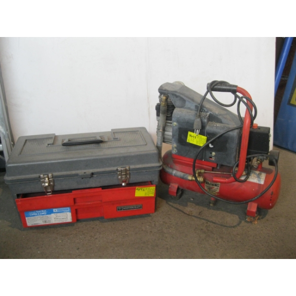 SMALL COMPRESSOR & A MASTERCRAFT TOOLBOX