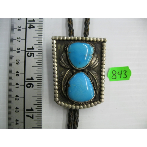 SILVER W/2 TURQUOISE STONES BOLO TIE, UNMARKED