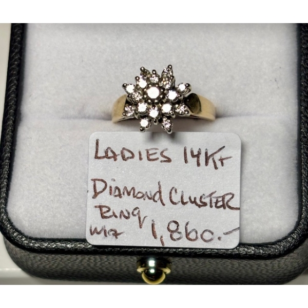 LADIES 14KT DIAMOND CLUSTER RING W/A $1,860, SZ 5 3/4