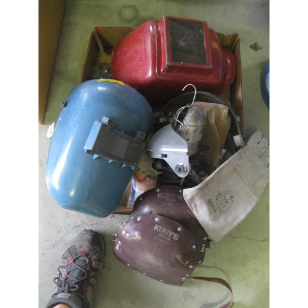 ASST. WELDING HELMETS, KNEE PADS, TROUBLE LIGHT, ETC.