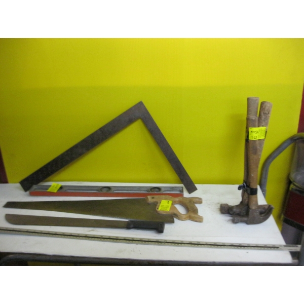 BUNDLE OF HAMMERS, LEVEL & SAW, ETC.