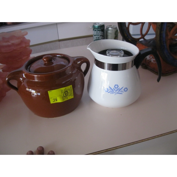 BROWN BEAN POT & A CORNING WARE COFFEE POT