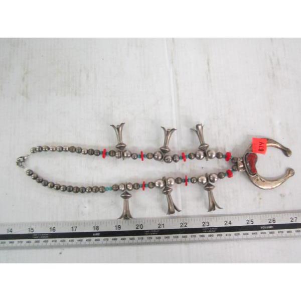 SILVER TURQUOISE & CORAL NAVAJO SQUASH BLOSSOM NECKLACE