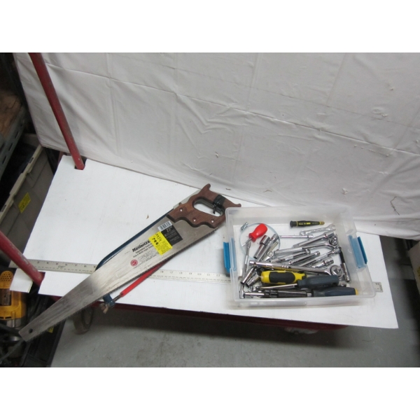 PLASTIC TUB W/ASST. WRENCHES, RATCHETS, SAWS, ETC.