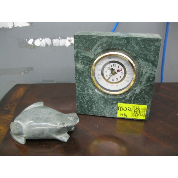 MARBLE CLOCK & SOAPSTONE FROG
