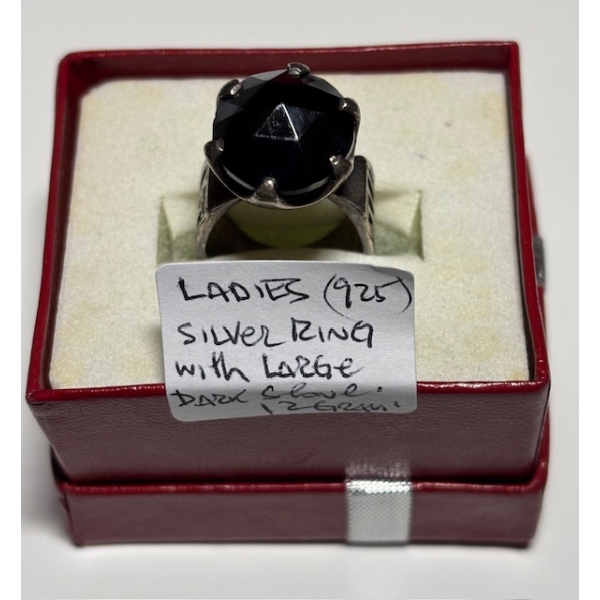 LADIES .925 SILVER RING W/LG. DARK STONE, 12G, SZ 6 1/2