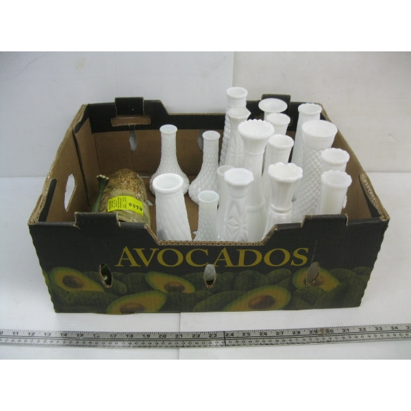ASST. WHITE BUD VASES & A FROG VASE (DAMAGED)