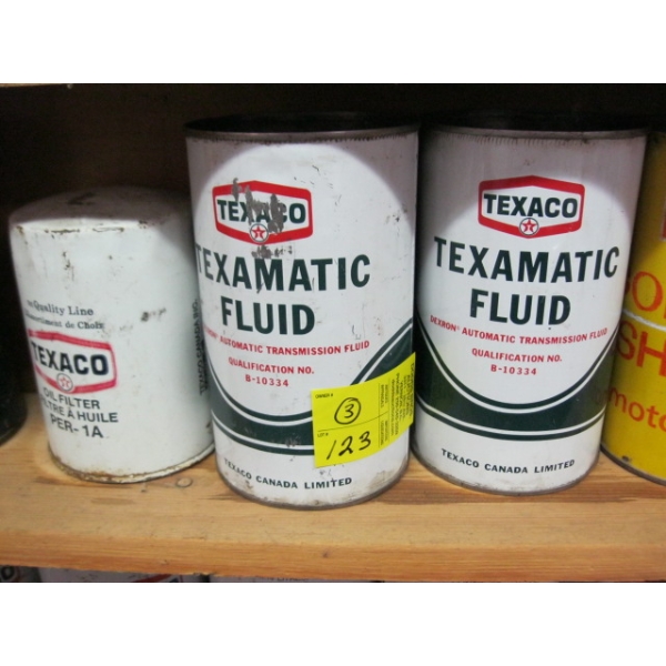 2 TEXACO OIL TINS & AN OIL FILTER