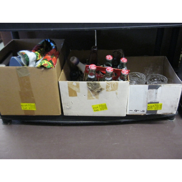 3 BOXES OF MISC. COKE BOTTLES, COLLECTOR BOTTLES, IRON, TOYS, GLASSWARE, ETC.