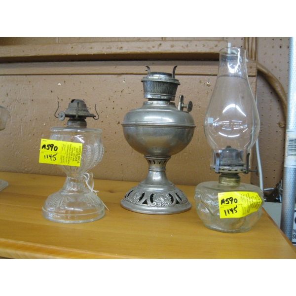 3 OIL LANTERNS - 2 MISSING CHIMNEYS