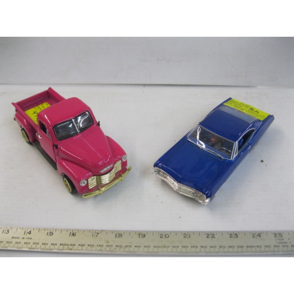 BLUE CHEVY IMPALA DIECAST & PINK CHEVY TRUCK DIECAST