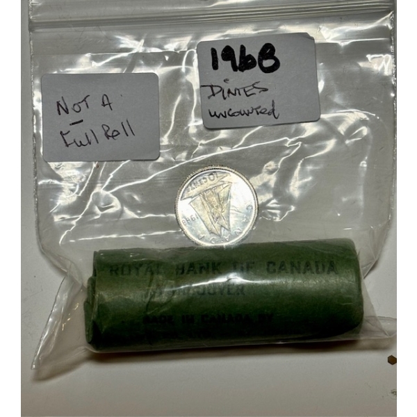 ROLL OF CDN 1968 DIMES - NOT A FULL ROLL/UNCOUNTED.  THEY DO NOT STICK TO MAGNET.