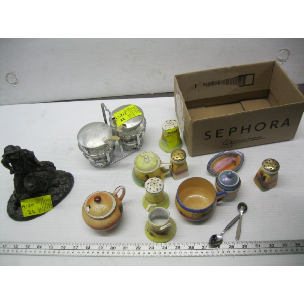 MISC. METAL FIGURINE, HAND PAINTED CHINA, ETC.