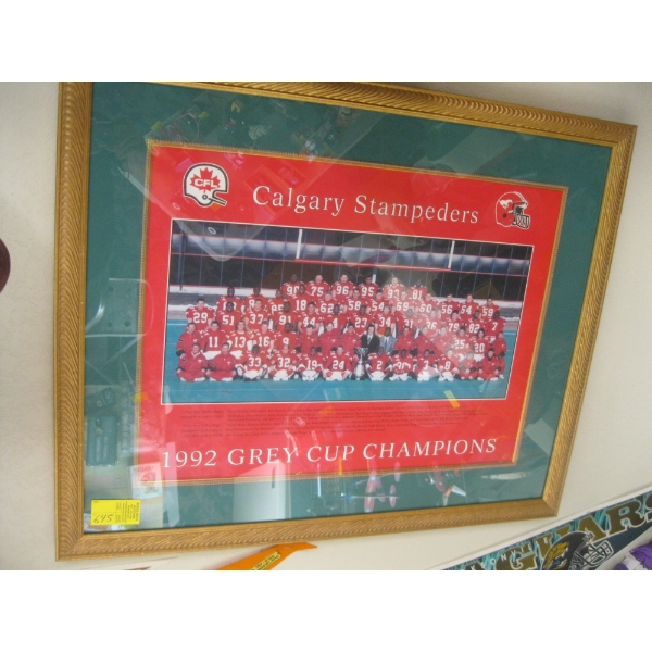 CALGARY STAMPEDERS 1992 GREY CUP CHAMPION FRAMED TEAM PHOTO & FOOTBALLS