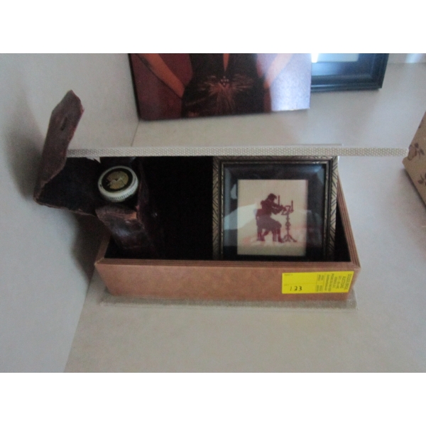 BOOK BOX W/MISC. STAMP, NEEDLEPOINT & FLASK BOTTLE