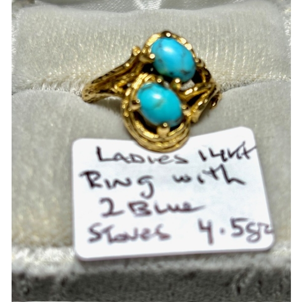 LADIES 14KT RING W/2 BLUE STONES, 4.5G, SZ 8