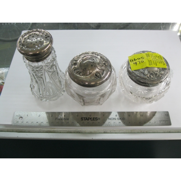 3 CANNISTERS W/SILVER CAPS