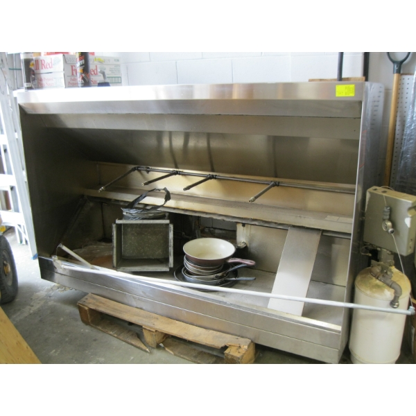 2 LG. STAINLESS STEEL RANGE HOODS W/FIRE EXTINGUISHER BOTTLES, MISC. ACCESS.