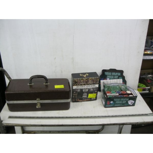 TEXAS HOLD EM POKER GAME, BACKSEAT GUN SLING & A TACKLEBOX