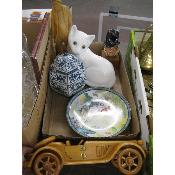 WOODEN CAR, CARVED FIGURINE, CAT FIGURINE, ETC.