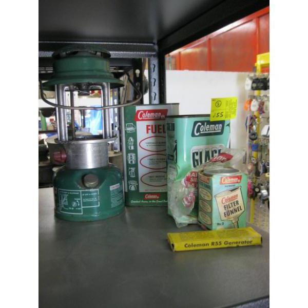 COLEMAN ITEMS, FUEL CAN, COLEMAN 321C LANTERN, FUNNEL, ETC.