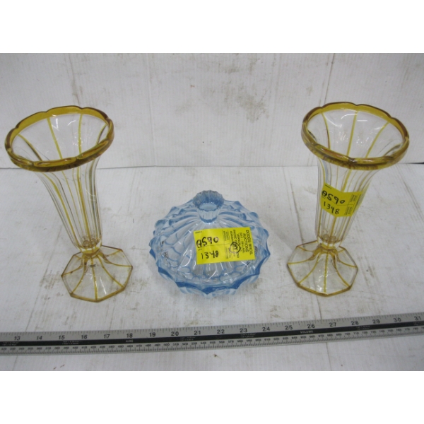 PAIR OF SLOVAKIAN VASES & A BLUE GLASS LIDDED DISH