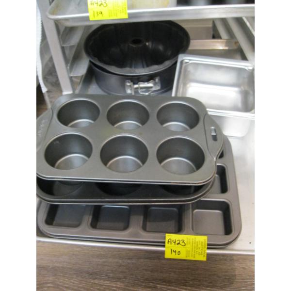 TRAY W/MISC. BAKING TINS, CAKE PANS, MUFFIN TINS, ETC.