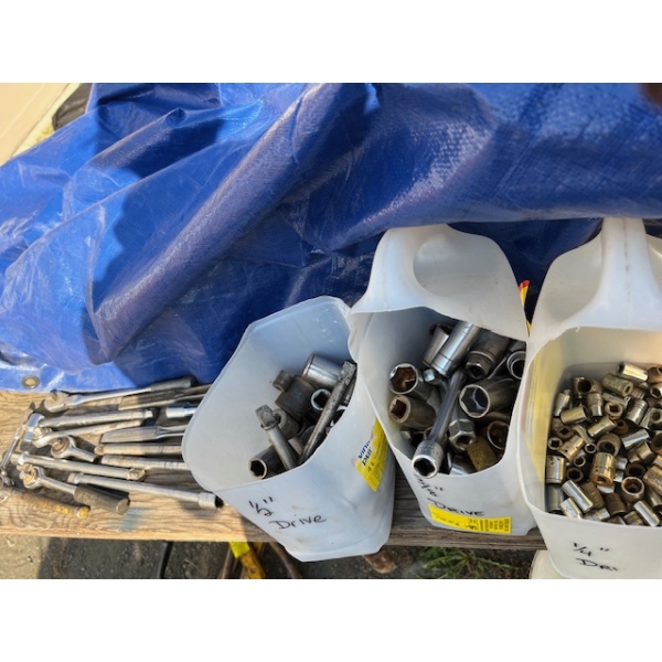 3 CONTAINERS OF ASST. SOCKETS, RATCHETS, ETC. - 1/2", 3/8", 1/4" DRIVE